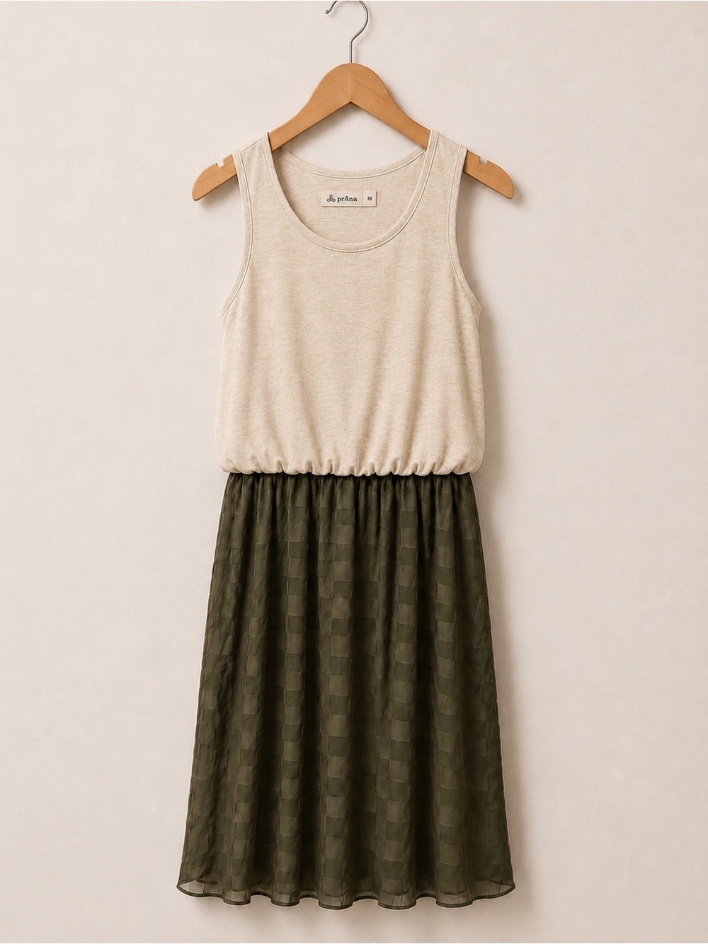 Prana Sleeveless Relaxed Cream Scoop Neck With Brown Striped Tucked Midi Dress